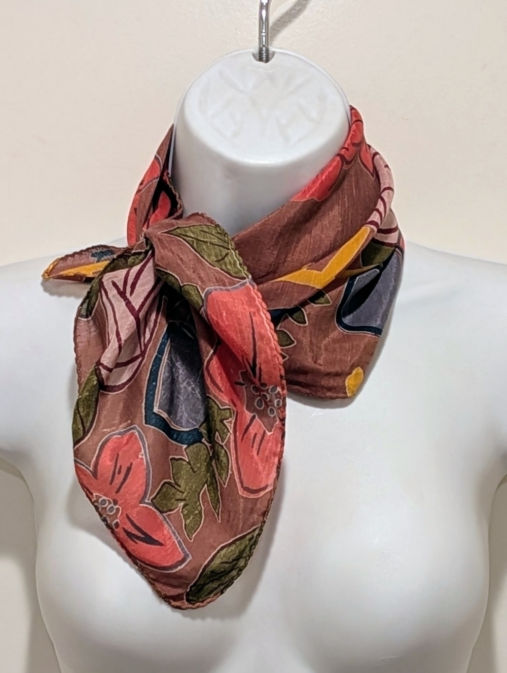 NWOT Beckwoman  20”x20” Brown Blue Red and Yellow Floral Ascot Scarf